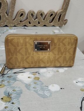Michael Kors Metallic Gold MK Logo Zip Wallet